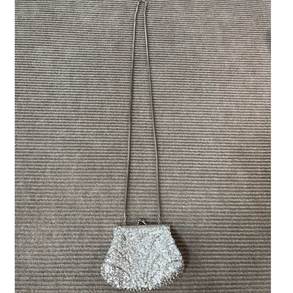 Accessory Lady Vintage Silver Sequin Beaded Art Deco Fan Evening Bag Clutch